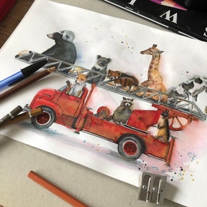 Ilustración de un camión de bomberos, animales, impresión sobre papel de dibujo. imagen 4