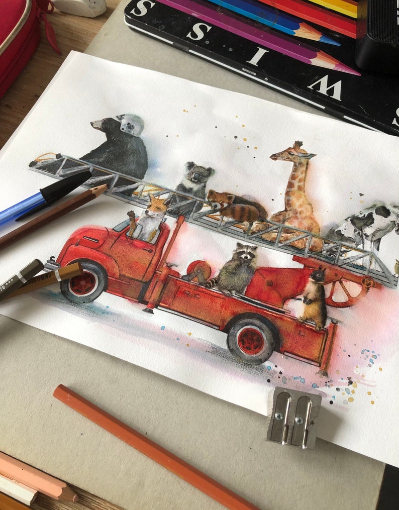 Ilustración de un camión de bomberos, animales, impresión sobre papel de dibujo. imagen 4