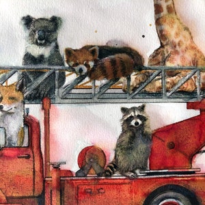 Ilustración de un camión de bomberos, animales, impresión sobre papel de dibujo. imagen 2