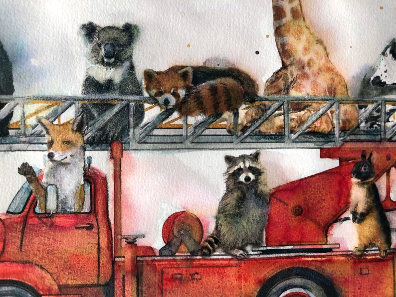 Ilustración de un camión de bomberos, animales, impresión sobre papel de dibujo. imagen 2