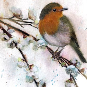 Illustration of a robin on a flowering branch, printed on drawing paper. image 3