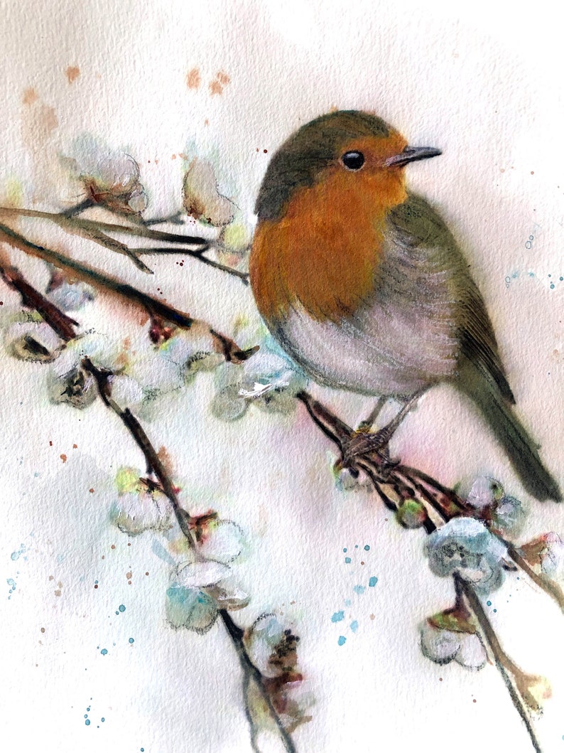 Illustration of a robin on a flowering branch, printed on drawing paper. image 3
