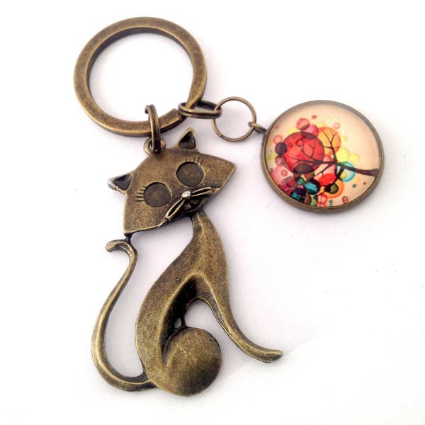 Porte clés chat et arbre de vie multicolore. Bronze.