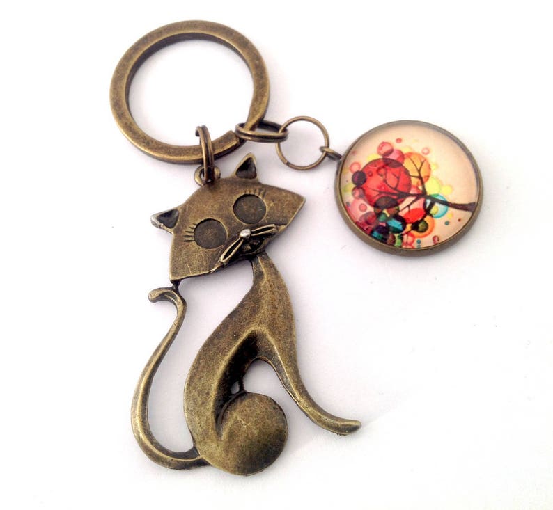 Porte clés chat et arbre de vie multicolore. Bronze. image 1