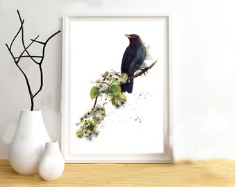 Illustration of a blackbird on a flowering branch, print on drawing paper.