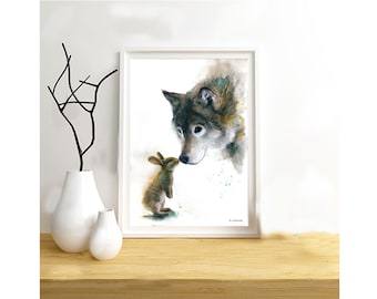 Ilustración de un lobo y un conejo, impresa en papel de dibujo. Decoración de pared o tarjeta.