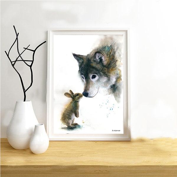 Illustration d'un Loup et d’un lapin, impression sur papier dessin.  Décoration murale ou carte.