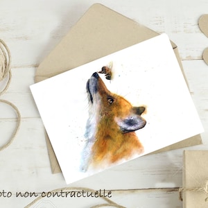 May include: A watercolour painting of a fox looking up at a bee. The fox is brown and orange with a white chest. The bee is yellow and black and is flying in the air. The background is white.