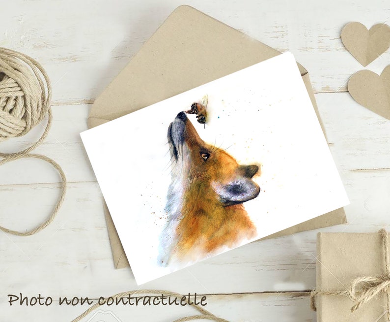 May include: A watercolour painting of a fox looking up at a bee. The fox is brown and orange with a white chest. The bee is yellow and black and is flying in the air. The background is white.