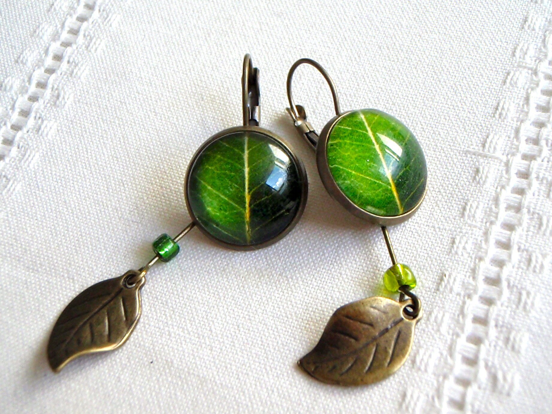 Earrings Green Leaf Bronze Glass Pearl of Loose Stones. Etsy