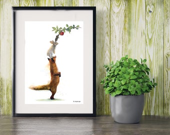 Illustration trio of animals catching an apple, printed on drawing paper.