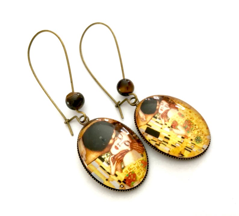 Hanging oval earrings the kiss of Klimt, pearl eye of tiger, glass cabochons and bronze. image 1