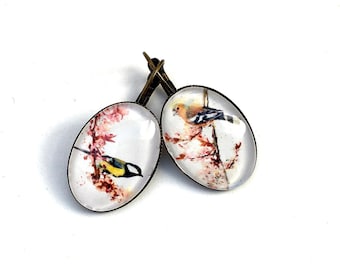 Mismatched oval bird earrings, dangling or sleeper. Glass and bronze