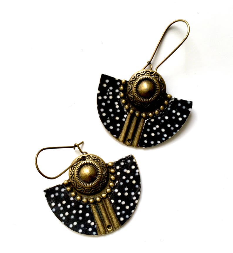 white polka dots on black background Earrings ethnic half moon Bronze and resin.