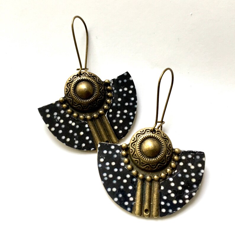 white polka dots on black background Earrings ethnic half moon Bronze and resin.