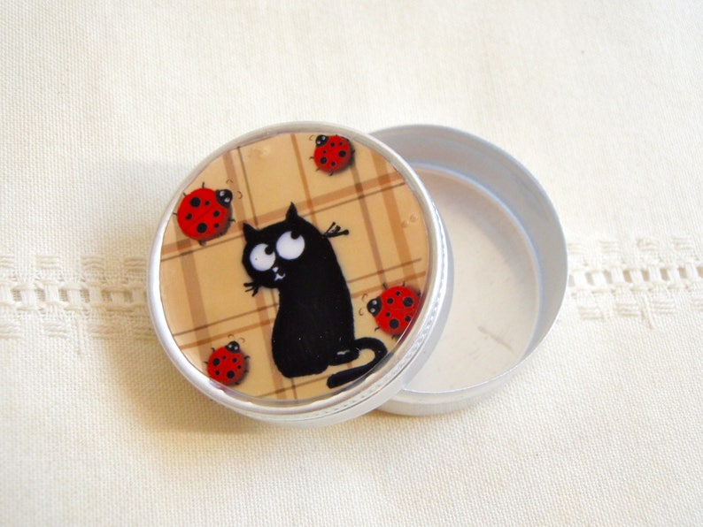 black cat and ladybugs. Small jewelry or tooth box