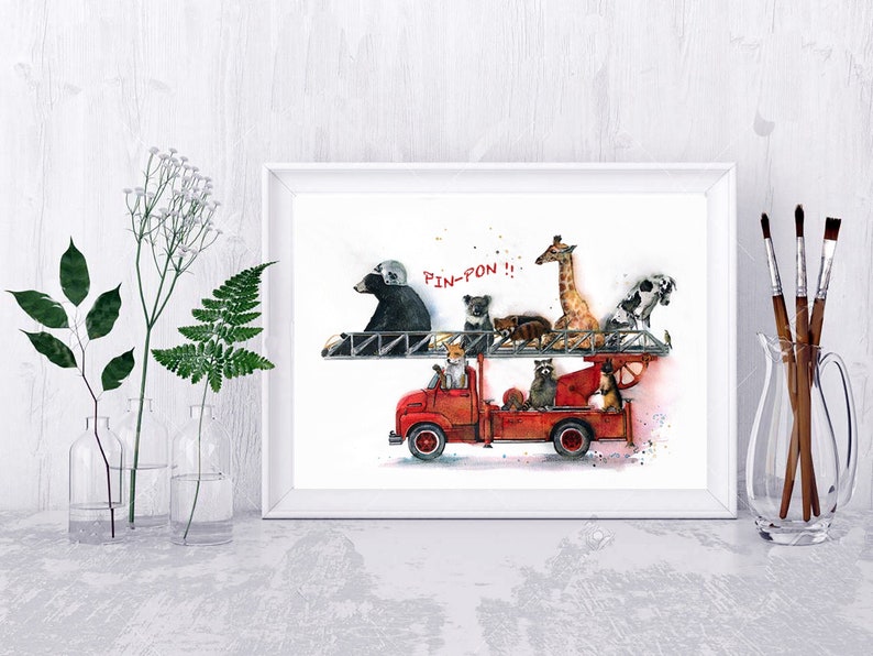 Illustration of a fire truck, animals, printing on drawing paper. image 1