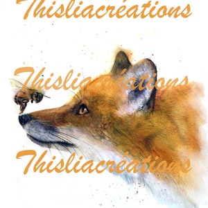May include: A watercolour painting of a red fox looking up at a bee. The fox is painted in shades of brown and orange, with a white background. The bee is painted in yellow and black.