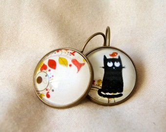 Earrings cat, bird and flowers. Bronze and glass.