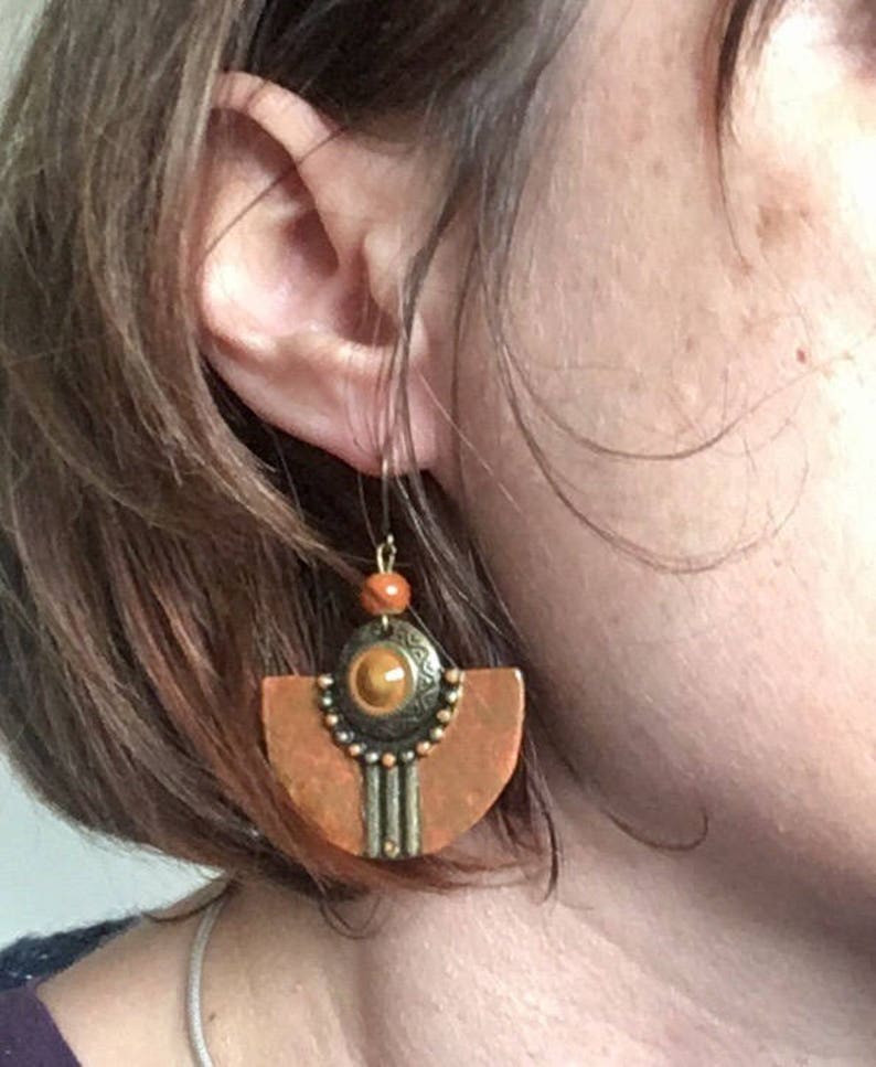 white polka dots on black background Earrings ethnic half moon Bronze and resin.