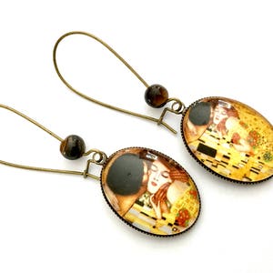 Hanging oval earrings the kiss of Klimt, pearl eye of tiger, glass cabochons and bronze. image 2