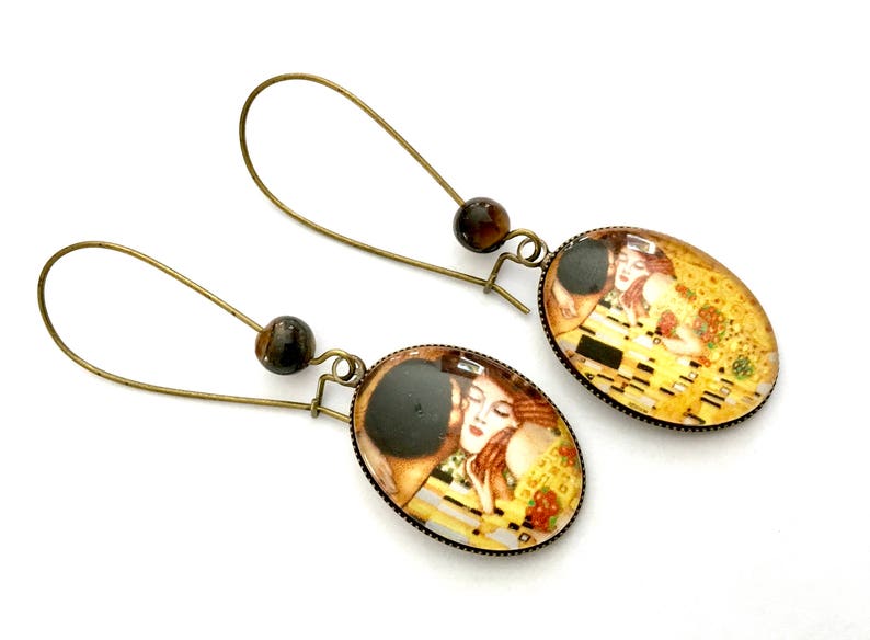 Hanging oval earrings the kiss of Klimt, pearl eye of tiger, glass cabochons and bronze. image 2