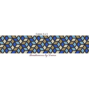 May include: A beaded pattern with a geometric design featuring blue, light blue, beige, black, and white beads. The pattern is labeled "Cubes 3 x 3" and "Beadweaves by Dawn".