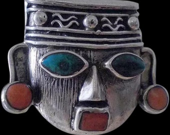 Remarkable PERUVIAN Mid-century Handmade Repoussé .950 Silver Gemstone Studded Pre-Columbian Tribal Face Mask PIN PENDANT