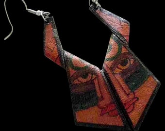 BOHO Soho 1990s Artisanal Handcrafted Abstract Primitive TATTOO LEATHER Dangle Earrings ~ 2Cool Conversation Pieces!