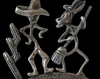 1940s MARCEL BOUCHER Delightfully Quirky Folkloric Mexican Handwrought Sterling Silver "Clean Sweep" Caricature PARISINA Brooch ~ Very Rare!