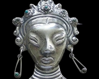 IMPOSING Mexican 1930s Handwrought Repoussé Sterling Silver Exotic THAI GODDESS Brooch w/ Turquoise Cabs Dangle Ears ~ 3" ~ Maestro Quality