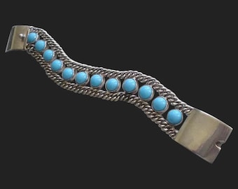 CLASSIC Taxco Mexico Mid-century Handwrought .950 Silver & Turquoise Glass Cabochons CURBLINK BRACELET ~ 6-3/4" ~ 49 Grams