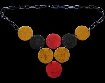 Stunning BAKELITE Discs 1960s Artisan Handmade Multicolored BIB NECKLACE with Black Celluloid Link Chain ~ 25" Long ~ 43 Grams