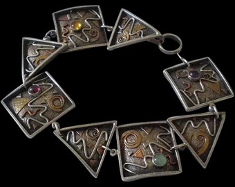 Excellent MAGGI DeBAECKE 1980s Artisanal Handcrafted Sterling Silver Geometric MODERNIST BRACELET with Abstract Mixed Metal & Stone Accents