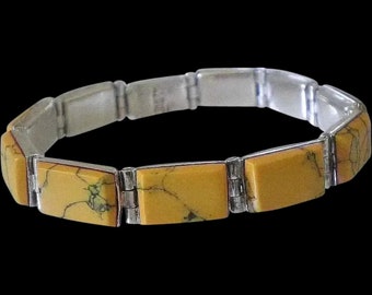 Dazzling MONTERO Taxco Mexico 1980s Sterling Silver Articulated Multilink Yellow Howlite HINGED BRACELET ~ 7-1/2" Long