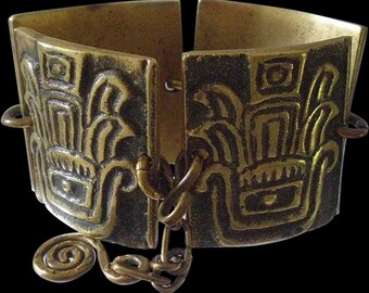Formidable M. BUFFET Marcel Buffet Signed French 1970s Mid-century Golden Bronze LINK BRACELET with Pre-Columbian Aztec Design ~ 163 Grams