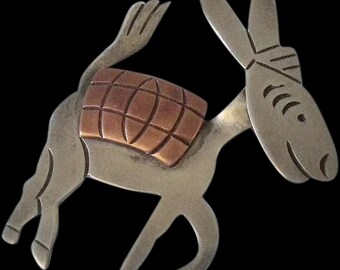 Uncommon FELIPE MARTINEZ Early 1950s Taxco Mexico Handwrought Sterling Silver & Copper Mule Burro BROOCH with Riveted Movable Head