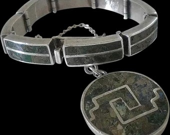 Rare REVERIANO CASTILLO Taxco Mexico Mid-century Sterling Silver Crushed Stone Inlay Multilink Charm Hinged BRACELET ~ Signed & Numbered