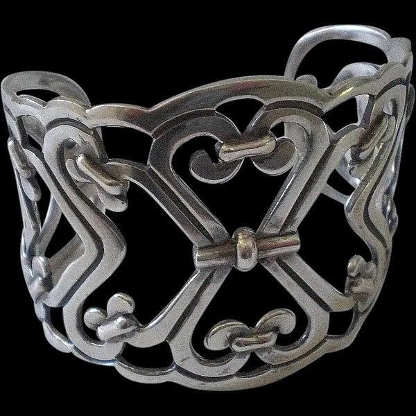 Gorgeous  EMMA MELENDEZ Mid-century Taxco Mexico Sterling Silver Ornate Openwork Wide BRACELET #167 Handwrought by Francisco Rivera ~ 50 Gr