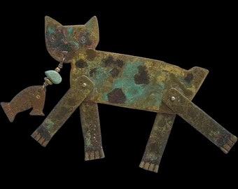 Fabulous MIMI MUSGRAVE 1991 Handcrafted Distressed Brass Mixed Media Movable Cat BROOCH with Dangles ~ 2-3/4" ~ Fully Signed ~ Rare Find!