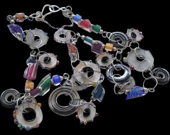 ULTRA VIBRANT 1980s Memphis Era Handcrafted Sterling Silver Kinetic Furnace Cane Bead Multicolored Art Glass Necklace ~ 29" Long ~ 98 Grams