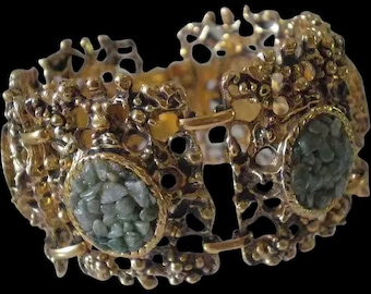 DAZZLING Mid-century France 1950s Gold Plated Brass BRUTALIST BRACELET with Chrysoprase Embellishments ~ 102 Grams