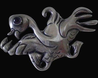 ASTONISHING Early Taxco Mexico Handwrought Large Repoussé Sterling Silver Big Bird DUCK BROOCH with Amethyst Cabochon Eye ~ 18 Grams