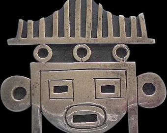 UNCOMMON Mexican Mid-century Handwrought Sterling Silver Primitive Modernist Aztec HEAD BROOCH Signed "V inside C" ~ 2-1/8" ~ 18 Grams