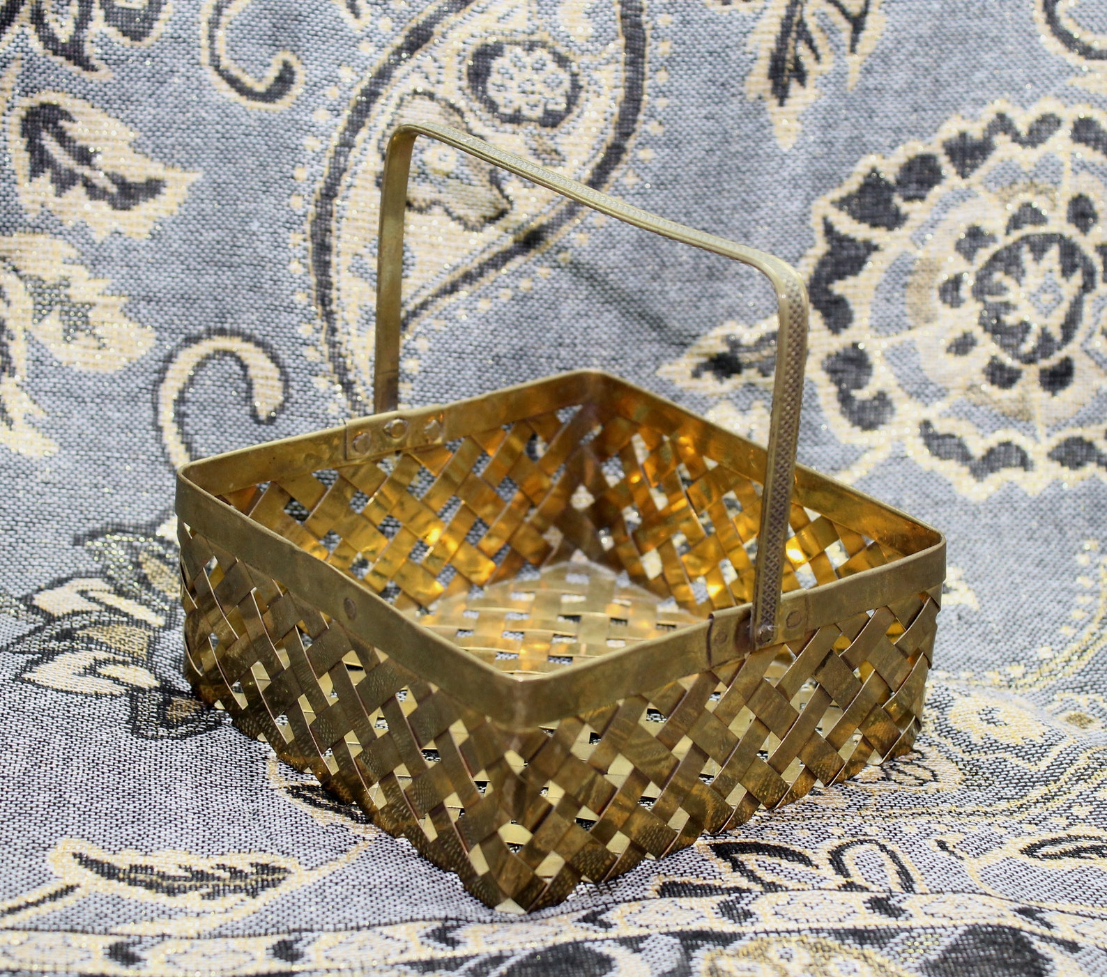 Vintage Brass Woven Basket with Movable Pressed Metal Handle Etsy