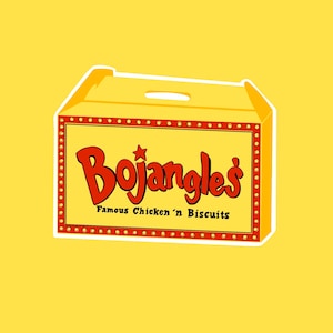 May include: A yellow rectangular cardboard food box with a handle cutout. The front features a red border with small circles and the red text Bojangles' with a star above the j, followed by the black text Famous Chicken 'n Biscuits below it.