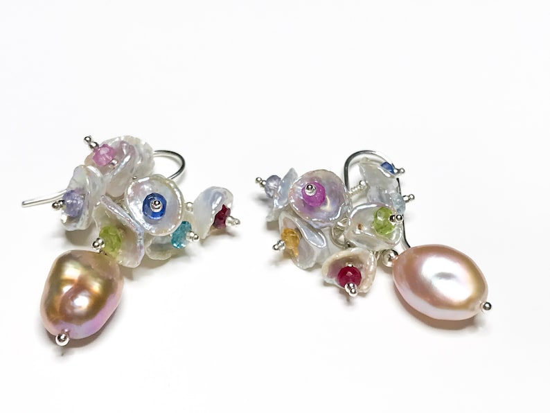 Baroque Lavender Peach Pearl and Gemstone Heshi Pearl Dangle Earrings on Sterling CZ inset Ear Wires
