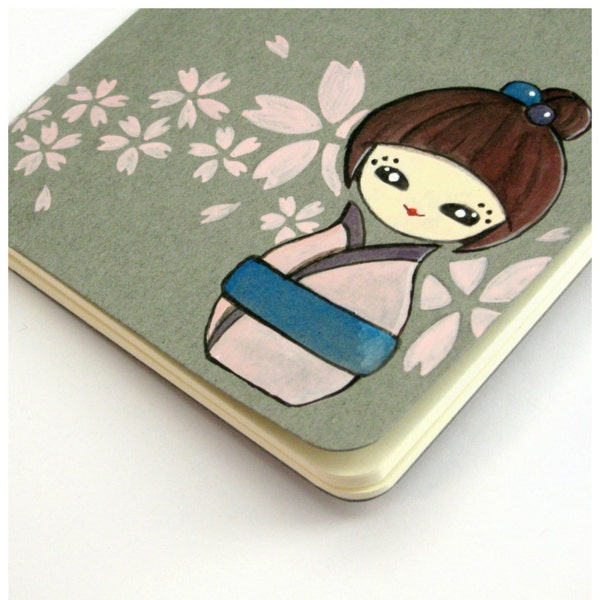 Kokeshi notebook, sakura notebook, gift for her, spring celebration, gift for girlfriend, handpainted notebook, handpainted moleskine sakura