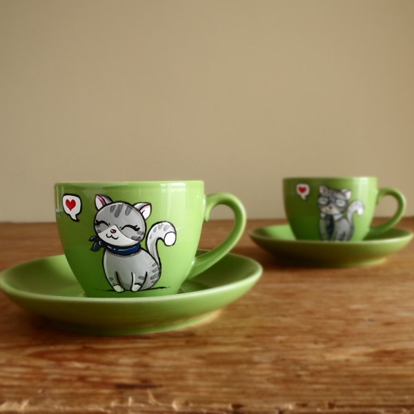 Espresso cups with cats in love, hand painted his&hers cups, gift for couples, gift fot cat lover, crazy cat lady gift