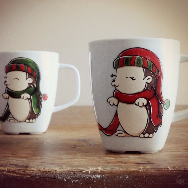 Christmas hedgehogs SMALL mugs, christmas gift, his and her mugs, mr mrs cup, woodland animal, cute animal, christmas animal, couple gift